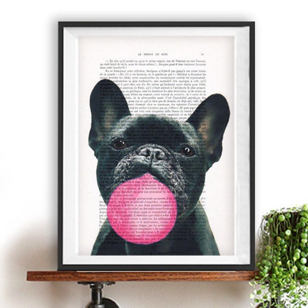 Bouledogue, chewing gum, Imprimée d’art, imprimée vintage, papier vintage, œuvre d’art pas cher, enfant déco, art poétique,art abordable