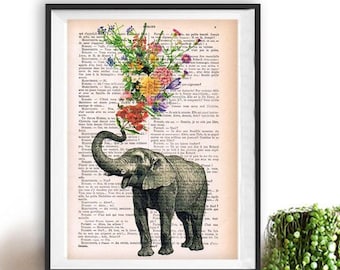 Elephant with Flowers - Love book print - Elephant in love - Printed over vintage dictionary book page, Elephant art print