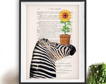 Zebra with flowers,sunflower, Christmas gift,Zebra lovers, French design, holiday gift, recycled french book page,Zebra gift, Zebra deco