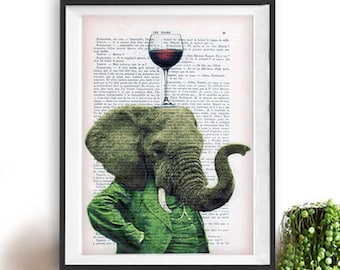 Elephant Print, Elephant with wine glass, French design, black and white, elephant poster Art Print on recycled french book page
