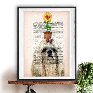 shih tzu with Flowers,sunflower,shih tzu lovers,Love book print, christmas gift,holiday gift, Printed over vintage dictionary book page