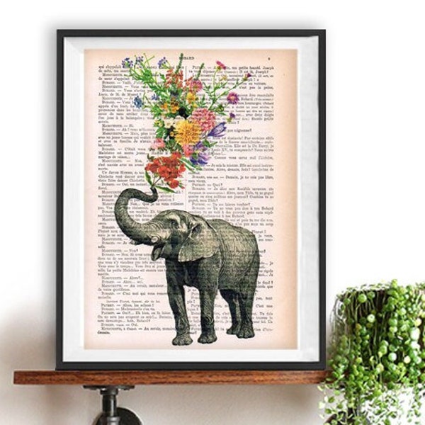 Elephant with Flowers - Love book print - Elephant in love - Printed over vintage dictionary book page, Elephant art print
