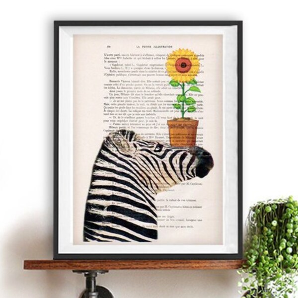 Zebra with flowers,sunflower, Christmas gift,Zebra lovers, French design, holiday gift, recycled french book page,Zebra gift, Zebra deco