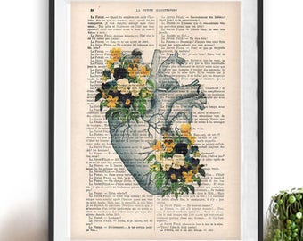 Heart Pansy Anatomy Botanical Flower vintage drawing book art gothic vintage art print wall art poster decor Halloween gift for her gothic