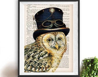 Fantasy Owl Print, Owl Artwork, Owl with a Hat, Owl with Spectacles, Steampunk, Gift for Men, Office Art, Wall Art Prints, Wall Decor