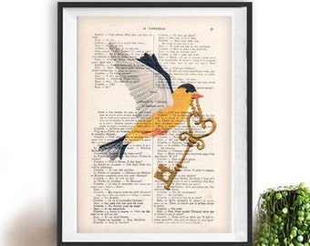 Bird with key, deviant art, pop art, art attack, art deco, wall art,abstract art,artist,banksy art,modern art,free shipping,key, yellow bird