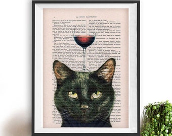 Black cat Print, cat with wine glass, French design, black and white, black cat poster Art Print on recycled french book page