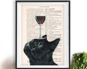 Black frenchie Print, Bulldog and wine glass, French design, black and white,bulldog poster Art Print on recycled french book page