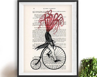 Octopus on bicycle print, this octopus illustration is a perfect wall deco idea or to offer as a gift