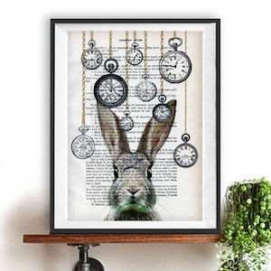 White Rabbit, Alice in Wonderland, Clock Rabbit Print, Rabbit Art ,Bunny Print, Rabbit Art Print,Woodland Rabbit , Nursery Decor,Wall Art