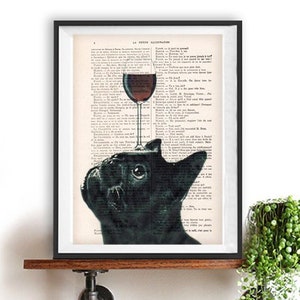 Black frenchie Print, Bulldog and wine glass, French design, black and white,bulldog poster Art Print on recycled french book page