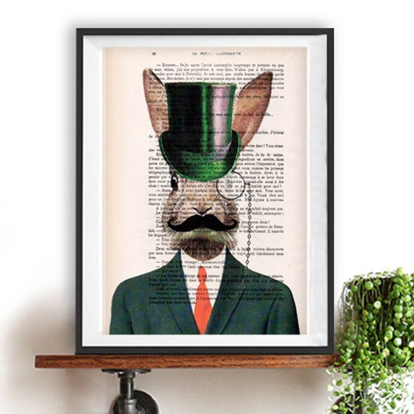 Steampunk rabbit print, printed on real french vintage paper from around 1900, bunny print, vintage décor,lapin, kaninchen kunst