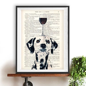 Dalmatian Print, dalmatian with wine glass, French design, black and white, dalmatian poster Art Print on recycled french book page