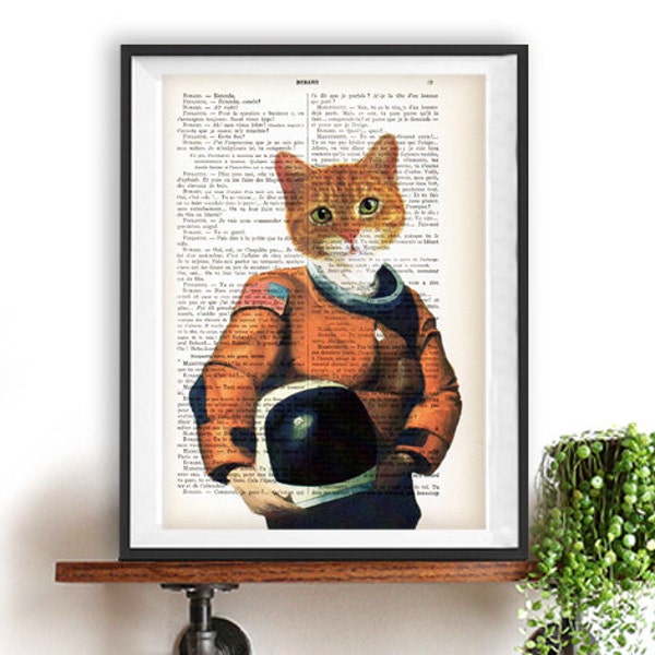 Astronaut Cat Art Illustration, Space, Cat space suit ,recycled book, Kids Décor, Decor, kids room, Wall Art decor,funny cat poster