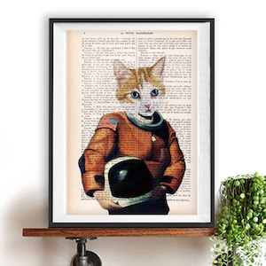 Katze Astronaut, Kunstdruck Poster, Weltraum, Katzen Raumanzug, WÖRTERBUCH Druck, Buch Seiten, Wohnkultur, Wohnheim Dekor, Wand Kunst Dekor, lustige Katze Druck