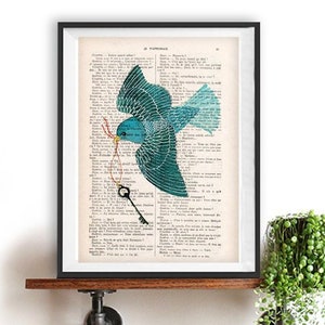 Bird with key, deviant art, pop art, art attack, art deco, wall art,abstract art,artist,banksy art,modern art,free shipping,key, blue bird