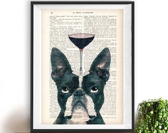 Boston Terrier Print, Bulldog with wine glass, French design, black and white,bulldog poster Art Print on recycled french book page