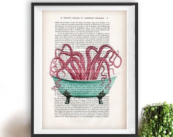 Octopus in bathtub print, this octopus illustration is a perfect wall deco idea or to offer as a gift