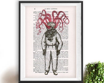 Octopus astronaut print, this octopus illustration is a perfect wall deco idea or to offer as a gift