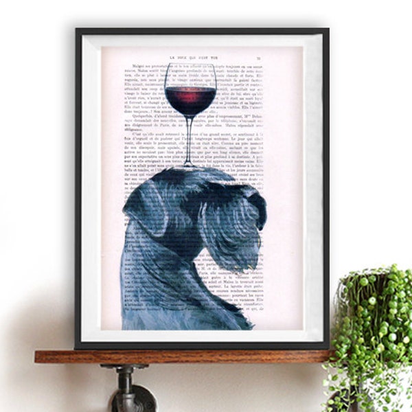 Impression schnauzer des bois, chien avec verre à vin, impression d'art schnauzer, cadeau pour lui, rouge, art mural bureau, décoration murale, décoration d'intérieur, chien noir