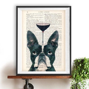 Stampa Boston Terrier, Bulldog con bicchiere di vino, design francese, bianco e nero, poster di bulldog Stampa artistica sulla pagina di un libro francese riciclato immagine 1