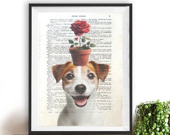 Jack Russell with rose  flower, cute funny dog, paris antique print, french vintage,  adorable print,valentine print, heart, love gift