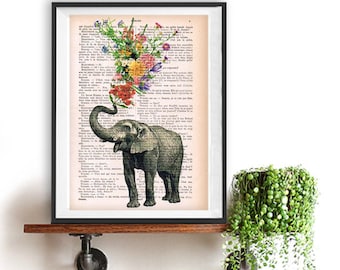 Pink Flowers Vintage Dictionary Print ELEPHANT ART PRINT