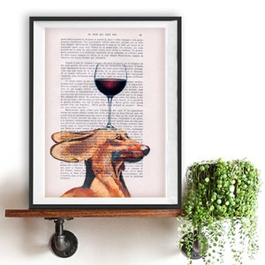 Traditional Daschund print, Dog with wineglass, Daschund Art Print, Gift for Him, Office Wall Art, Wall Decor, Home Decor, Daschund painting