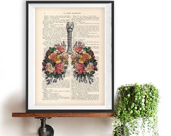 Botanic Roses Lungs Anatomy Print on 1900 vintage floral page, Doctor gift, Anatomy Illustration, human anatomy art, science drawing, love