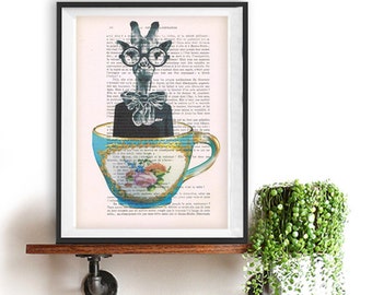 Giraffe in a cup painting, print of acrylic painting, Funny poster, Dictionary Print poster, Happy Cat Gift poster, original cat print
