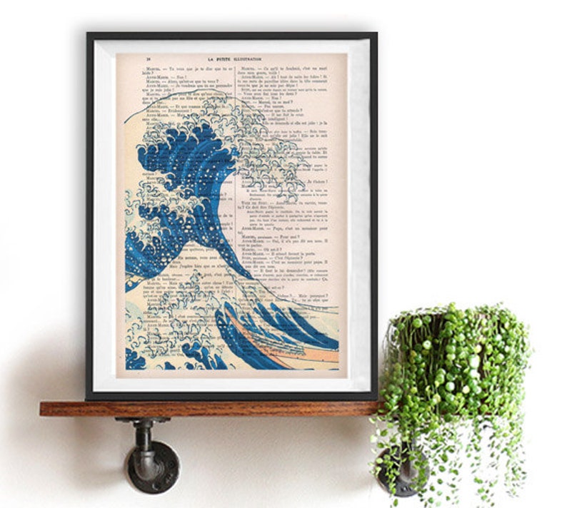 Japanese wave print, art print on Dictionary Page, wall art home decor. Sealife wave Nautical, Ocean life art print, Wall hanging print image 1