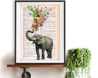 Elephant with Flowers - Love book print - Elephant in love - Printed over vintage dictionary book page, Elephant art print
