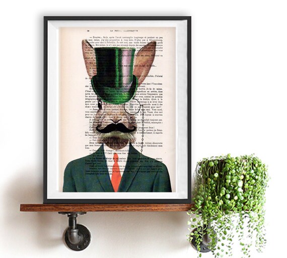 Steampunk rabbit print, printed on real french vintage paper from around 1900, bunny print, vintage décor,lapin, kaninchen kunst