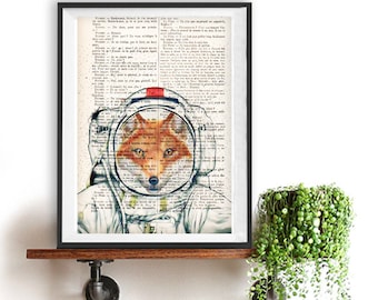 Astronaut Fox Print Poster, Space Fox, Fox space suit ,DICTIONARY Print, Book Pages, Home Decor, DORM decor, Wall Art decor,funny fox print