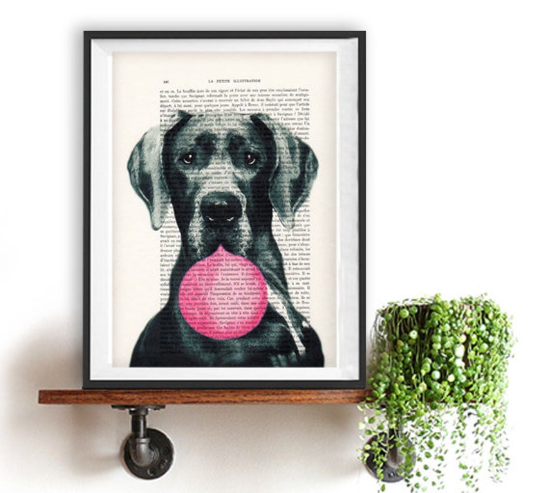 Great dane print, Great Dane art, bubblegum, dog with bubblegum, vintage paper, dog poster, dog print, dog illustration, dog drawing image 1