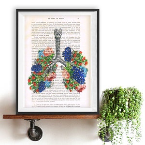 Flowery Lungs Anatomy Print on 1900 vintage page, Doctor gift, Anatomy Illustration, human anatomy art, science and anatomy drawing