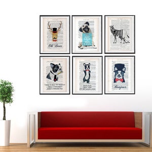 Boston Terrier Print, Bulldog with wine glass, French design, black and white,bulldog poster Art Print on recycled french book page image 4