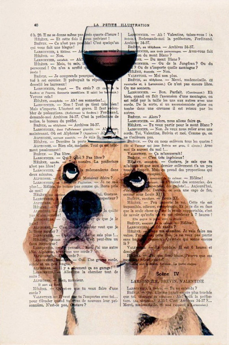 Beagle Print, beagle artwork, French design, black and white, beagle poster Art Print on recycled french book page image 2