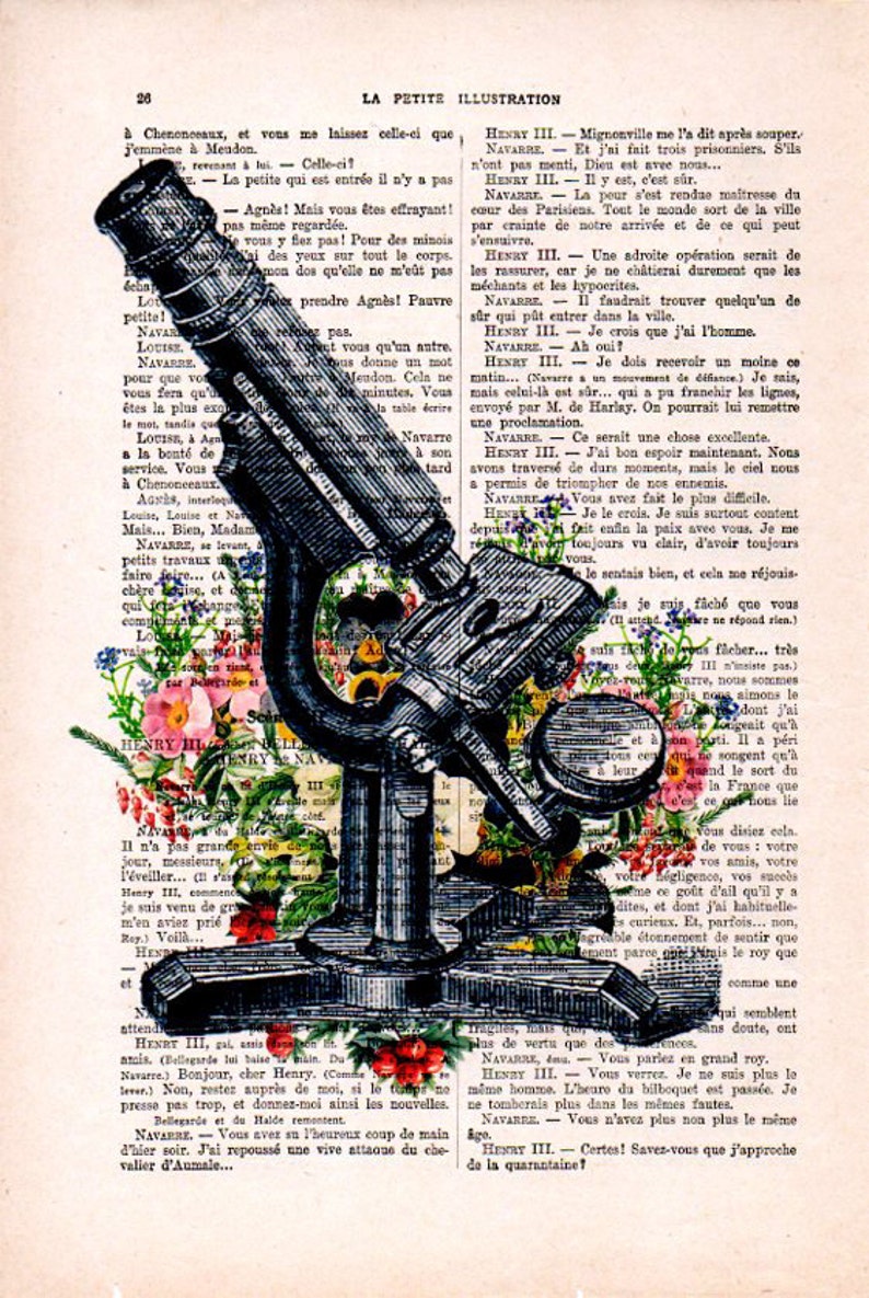 Antique microscope print,cimestry, laboratory, vintage science, flower print, wall art, vintage print on recycled paper, retro art image 2