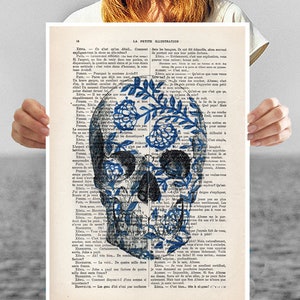 Skull Blue White Anatomy, Vintage Head Print, drawing, wall art, dark graphic art, day of the death, vintage pop art, poster, Christmas gift image 3