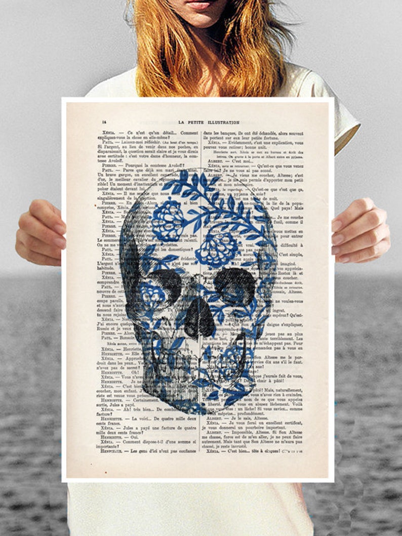 Skull Blue White Anatomy, Vintage Head Print, drawing, wall art, dark graphic art, day of the death, vintage pop art, poster, Christmas gift image 3