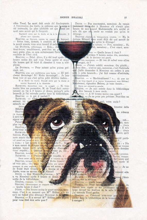 English Bulldog Print Bulldog With Wine Glass French Design 