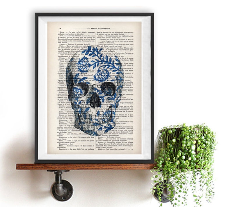 Skull Blue White Anatomy, Vintage Head Print, drawing, wall art, dark graphic art, day of the death, vintage pop art, poster, Christmas gift image 1