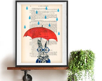 Rainy Rabbit Print- Rabbit art Rabbit Illustration Rabbit Nursery Rabbit wall art Bunny, Alice in Wonderland, Bunny nursery art gift