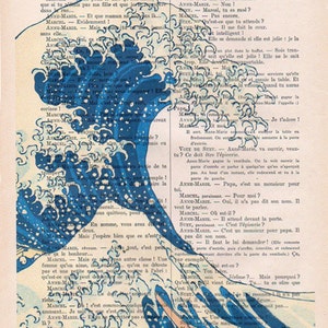 Japanese wave print, art print on Dictionary Page, wall art home decor. Sealife wave Nautical, Ocean life art print, Wall hanging print image 2