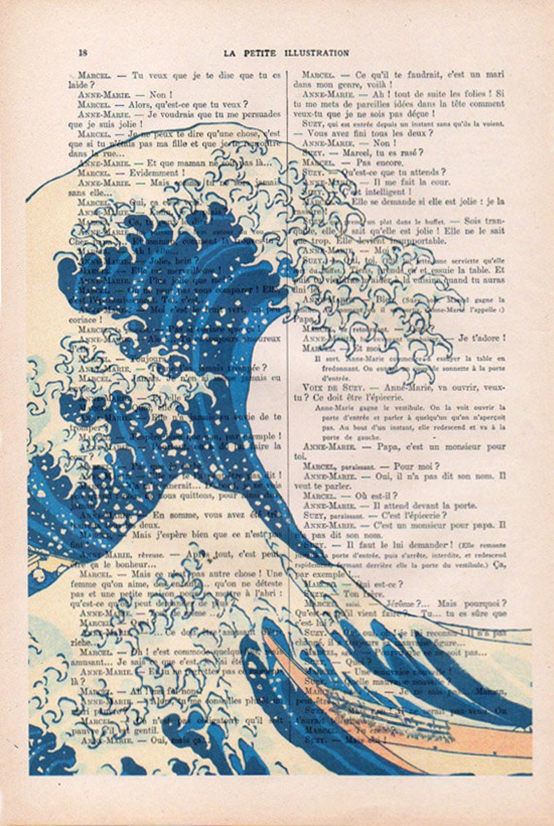 Japanese wave print, art print on Dictionary Page, wall art home decor. Sealife wave Nautical, Ocean life art print, Wall hanging print image 2