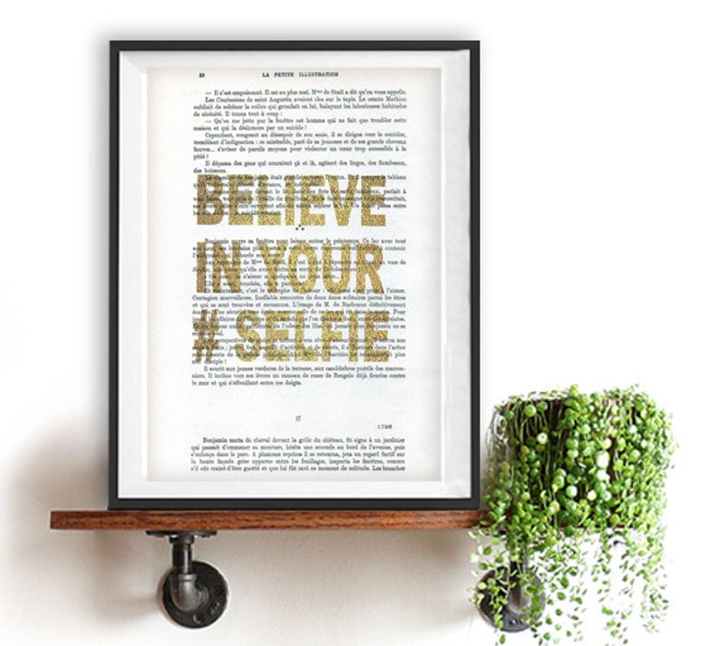 Believe Selfie art print Typography Posters Home decor gold glitter fun quirky minimalist work dictionary page Christmas friendship gift
