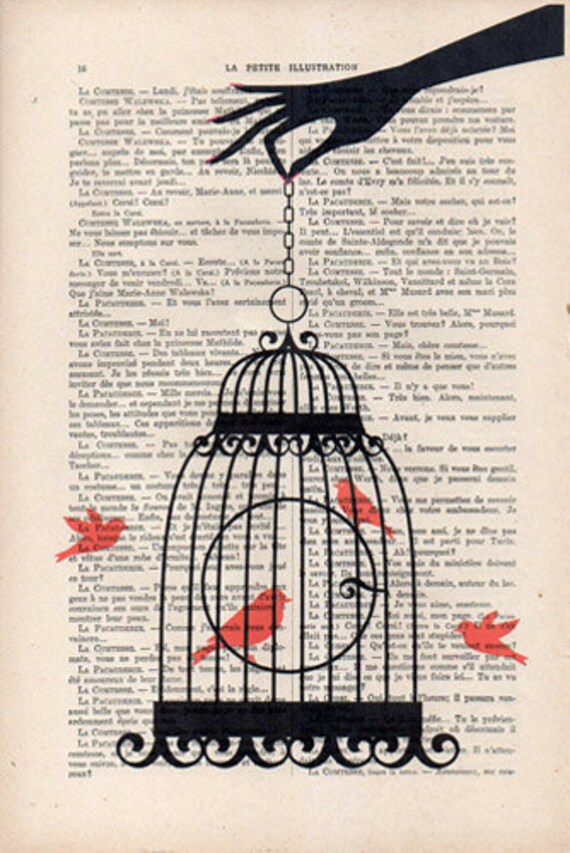 Artprint Main Oiseau Cage Papier Vintage Image Impression Murale Décor Oiseau Illustration Cage Impression Cage à Oiseaux Vintage Cadeau De Noël