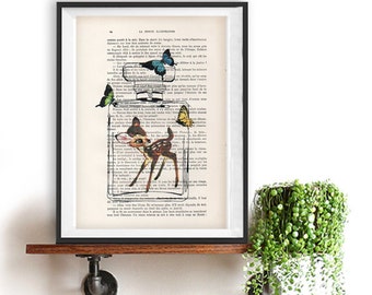 Retro Bambi Deer Art Illustration Print Butterfly Art Painting poster book print wall decor wall art wall decor Prints Gift For Her