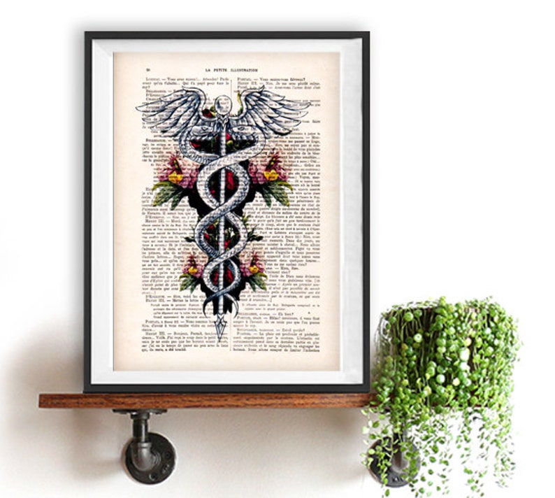 Symbole du caducée, art médical, médecine, affiche du bâton d'Asclépios, art du bureau du médecin, impression d'art Doctor Symbol, Dr. Symbol image 1